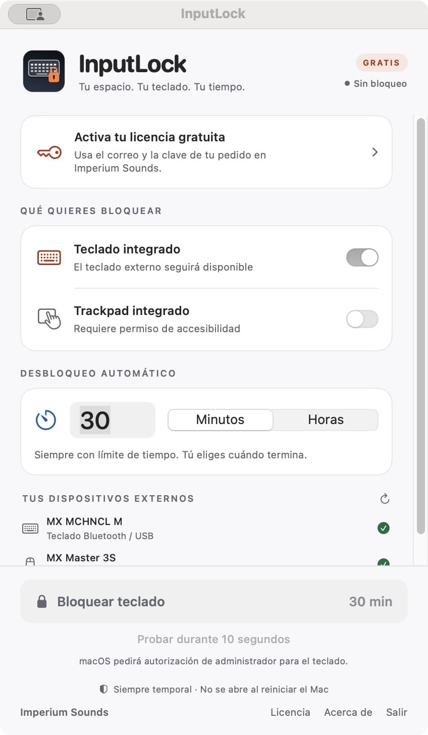 InputLock: controles del teclado y trackpad, temporizador y licencia gratuita